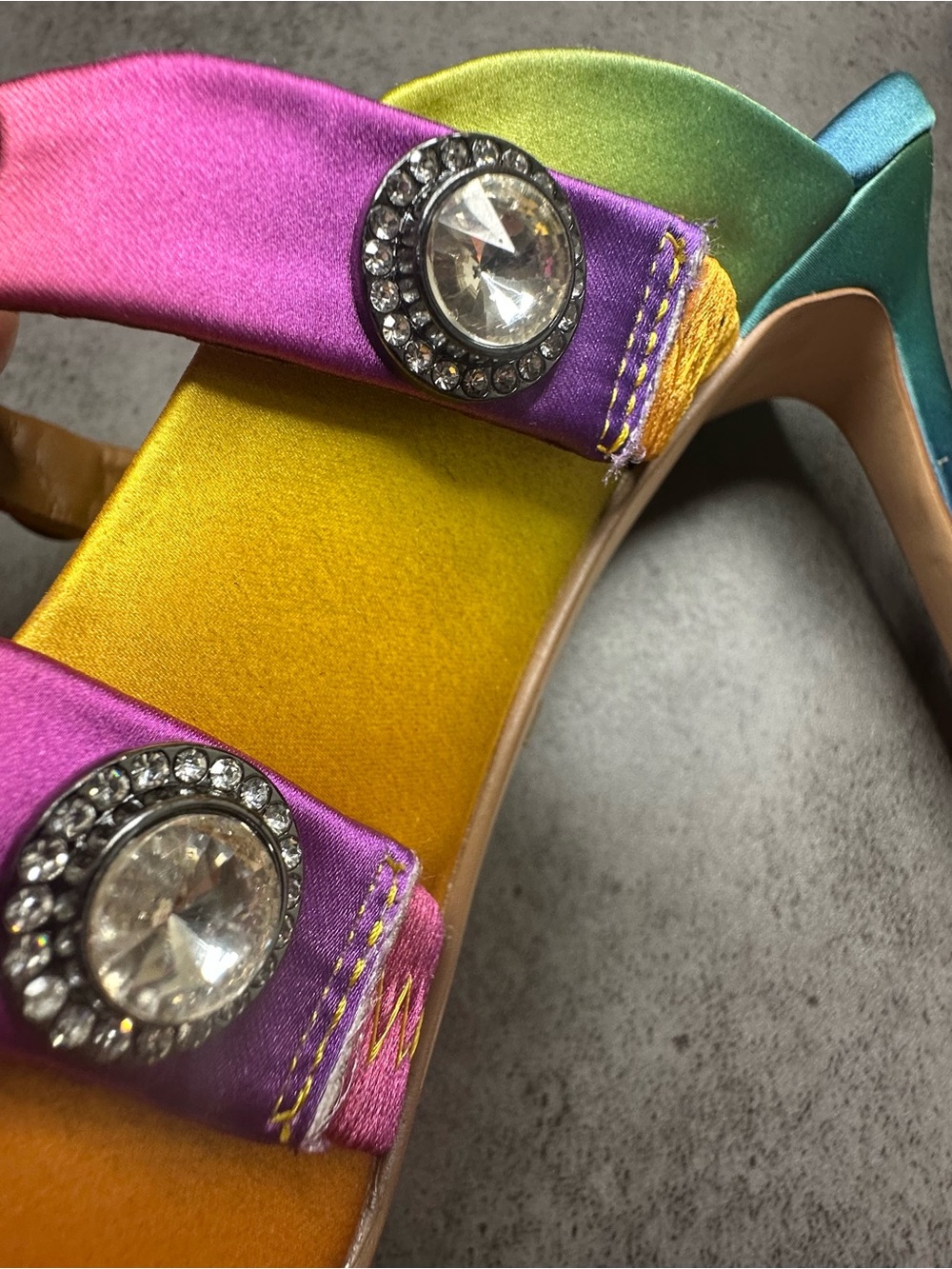 Kurt Geiger Rainbow Ombré Satin Pointed-Toe Mule Heels with Jeweled Straps - Picture 4 of 7